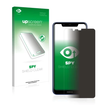 Parte frontal de un envase de producto con el logotipo de la marca upscreen. Al lado se muestra el dispositivo Nokia 5.1 Plus 