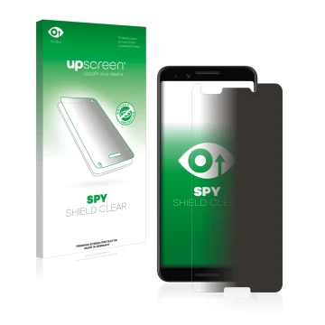 Parte frontal de un envase de producto con el logotipo de la marca upscreen. Al lado se muestra el dispositivo Google Pixel 3 