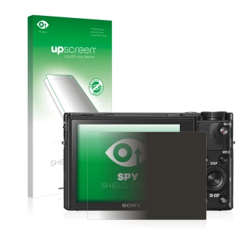 Parte frontal de un envase de producto con el logotipo de la marca upscreen. Al lado se muestra el dispositivo Sony Cyber-Shot