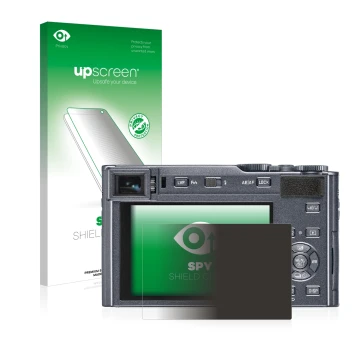 Parte frontal de un envase de producto con el logotipo de la marca upscreen. Al lado se muestra el dispositivo Leica C-Lux con