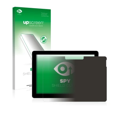Parte frontal de un envase de producto con el logotipo de la marca upscreen. Al lado se muestra el dispositivo Microsoft Surfa