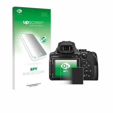 Parte frontal de un envase de producto con el logotipo de la marca upscreen. Al lado se muestra el dispositivo Nikon Coolpix P