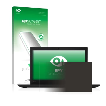 Parte frontal de un envase de producto con el logotipo de la marca upscreen. Al lado se muestra el dispositivo Lenovo Thinkpad