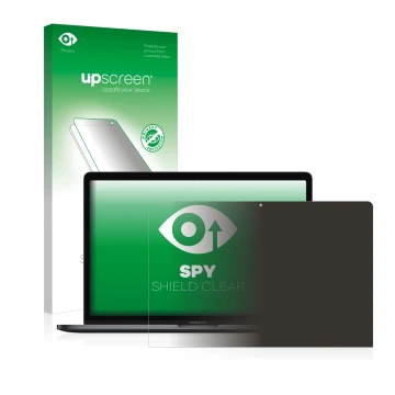 Parte frontal de un envase de producto con el logotipo de la marca upscreen. Al lado se muestra el dispositivo Apple MacBook P