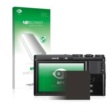 Parte frontal de un envase de producto con el logotipo de la marca upscreen. Al lado se muestra el dispositivo Fujifilm XF10 c