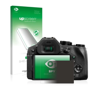 Parte frontal de un envase de producto con el logotipo de la marca upscreen. Al lado se muestra el dispositivo Panasonic Lumix