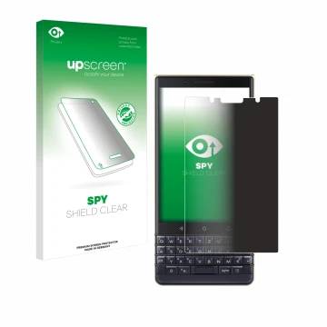 Parte frontal de un envase de producto con el logotipo de la marca upscreen. Al lado se muestra el dispositivo BlackBerry Key2