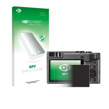 Parte frontal de un envase de producto con el logotipo de la marca upscreen. Al lado se muestra el dispositivo Panasonic Lumix