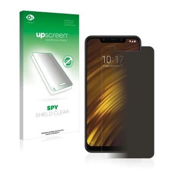 Parte frontal de un envase de producto con el logotipo de la marca upscreen. Al lado se muestra el dispositivo Xiaomi Pocophon
