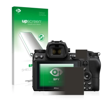 Parte frontal de un envase de producto con el logotipo de la marca upscreen. Al lado se muestra el dispositivo Nikon Z 7 con s