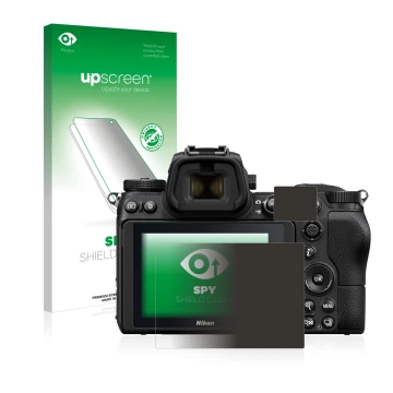 Parte frontal de un envase de producto con el logotipo de la marca upscreen. Al lado se muestra el dispositivo Nikon Z 6 con s