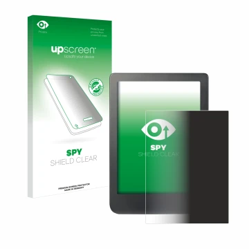 Parte frontal de un envase de producto con el logotipo de la marca upscreen. Al lado se muestra el dispositivo Kobo Clara HD (