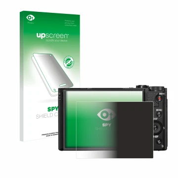 Parte frontal de un envase de producto con el logotipo de la marca upscreen. Al lado se muestra el dispositivo Sony Cyber-Shot