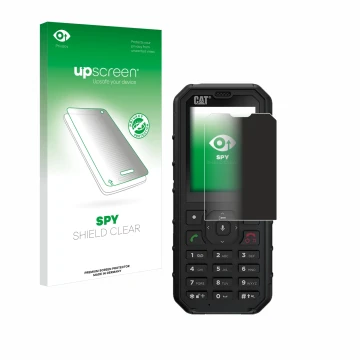 Parte frontal de un envase de producto con el logotipo de la marca upscreen. Al lado se muestra el dispositivo Caterpillar Cat