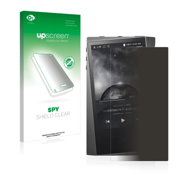 Parte frontal de un envase de producto con el logotipo de la marca upscreen. Al lado se muestra el dispositivo Astell&Kern A&n