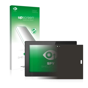 Parte frontal de un envase de producto con el logotipo de la marca upscreen. Al lado se muestra el dispositivo Lenovo Tablet 1