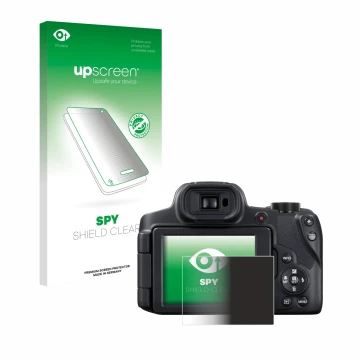 Parte frontal de un envase de producto con el logotipo de la marca upscreen. Al lado se muestra el dispositivo Canon PowerShot