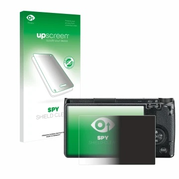 Parte frontal de un envase de producto con el logotipo de la marca upscreen. Al lado se muestra el dispositivo Ricoh GR III 20