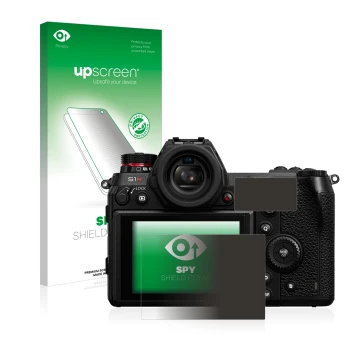 Parte frontal de un envase de producto con el logotipo de la marca upscreen. Al lado se muestra el dispositivo Panasonic Lumix