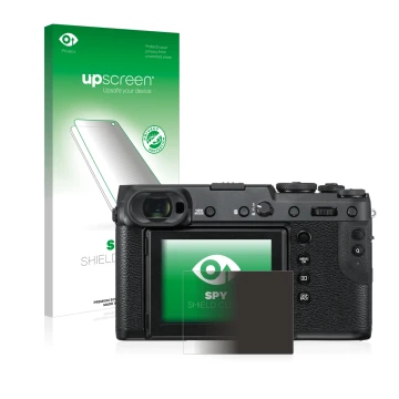 Parte frontal de un envase de producto con el logotipo de la marca upscreen. Al lado se muestra el dispositivo Fujifilm GFX 50