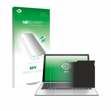 Parte frontal de un envase de producto con el logotipo de la marca upscreen. Al lado se muestra el dispositivo HP Elite x2 101