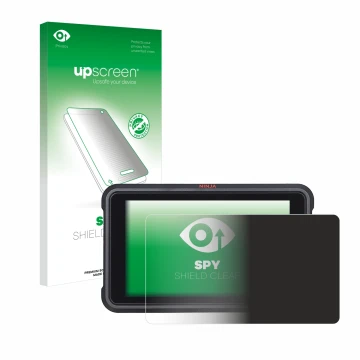 Parte frontal de un envase de producto con el logotipo de la marca upscreen. Al lado se muestra el dispositivo Atomos Ninja V 