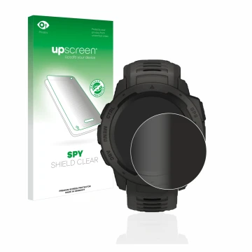 Parte frontal de un envase de producto con el logotipo de la marca upscreen. Al lado se muestra el dispositivo Garmin Instinct