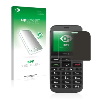 Parte frontal de un envase de producto con el logotipo de la marca upscreen. Al lado se muestra el dispositivo Doro 1370 con s