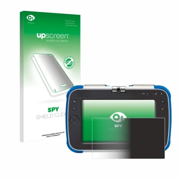 Parte frontal de un envase de producto con el logotipo de la marca upscreen. Al lado se muestra el dispositivo Vtech Storio Ma