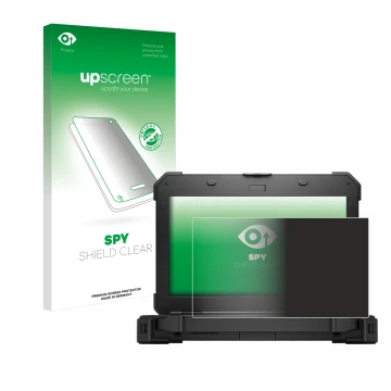 Parte frontal de un envase de producto con el logotipo de la marca upscreen. Al lado se muestra el dispositivo Dell Latitude 5