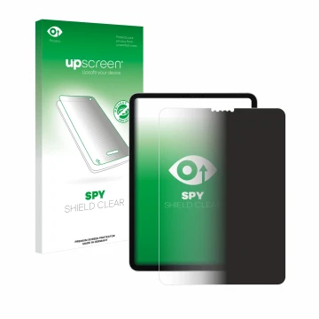 Parte frontal de un envase de producto con el logotipo de la marca upscreen. Al lado se muestra el dispositivo Apple iPad Pro 