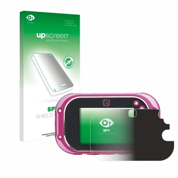 Parte frontal de un envase de producto con el logotipo de la marca upscreen. Al lado se muestra el dispositivo Vtech Kidizoom 