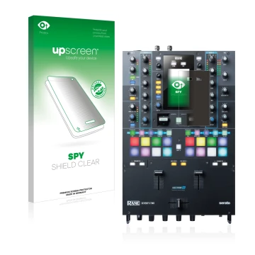 Parte frontal de un envase de producto con el logotipo de la marca upscreen. Al lado se muestra el dispositivo Rane Seventy-Tw