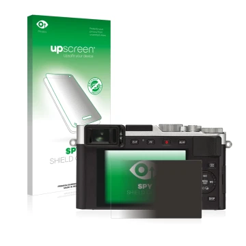 Parte frontal de un envase de producto con el logotipo de la marca upscreen. Al lado se muestra el dispositivo Leica D-Lux 7 c