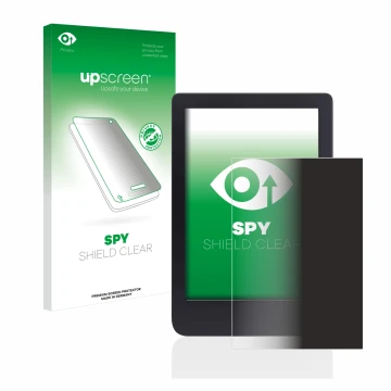 Parte frontal de un envase de producto con el logotipo de la marca upscreen. Al lado se muestra el dispositivo Tolino Shine 3 