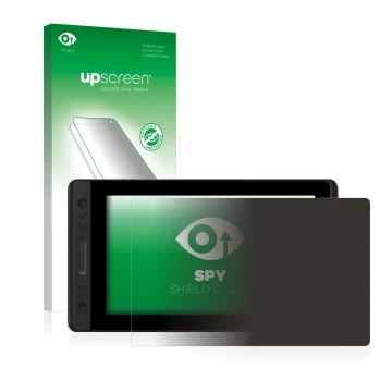 Parte frontal de un envase de producto con el logotipo de la marca upscreen. Al lado se muestra el dispositivo Huion Kamvas Pr