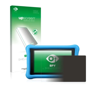 Parte frontal de un envase de producto con el logotipo de la marca upscreen. Al lado se muestra el dispositivo Amazon Fire HD 