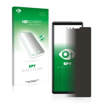Parte frontal de un envase de producto con el logotipo de la marca upscreen. Al lado se muestra el dispositivo Sony Xperia 1 c