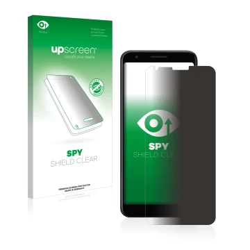 Parte frontal de un envase de producto con el logotipo de la marca upscreen. Al lado se muestra el dispositivo Google Pixel 3a