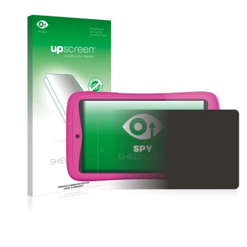 Parte frontal de un envase de producto con el logotipo de la marca upscreen. Al lado se muestra el dispositivo Kurio Connect 7