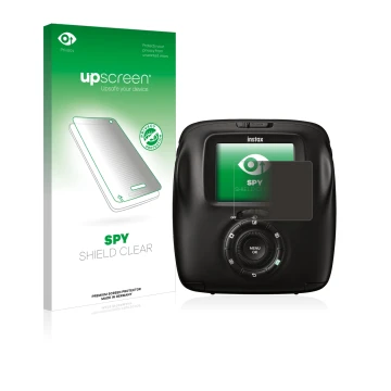 Parte frontal de un envase de producto con el logotipo de la marca upscreen. Al lado se muestra el dispositivo Fujifilm Instax