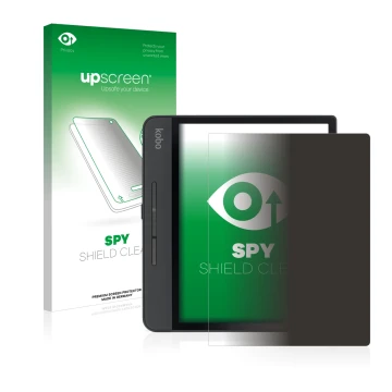 Parte frontal de un envase de producto con el logotipo de la marca upscreen. Al lado se muestra el dispositivo Kobo Forma con 