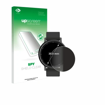 Parte frontal de un envase de producto con el logotipo de la marca upscreen. Al lado se muestra el dispositivo Circular Displa