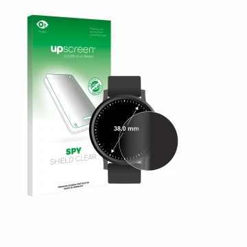 Parte frontal de un envase de producto con el logotipo de la marca upscreen. Al lado se muestra el dispositivo Circular Displa