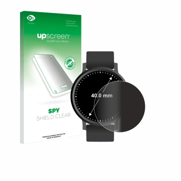 Parte frontal de un envase de producto con el logotipo de la marca upscreen. Al lado se muestra el dispositivo Circular Displa