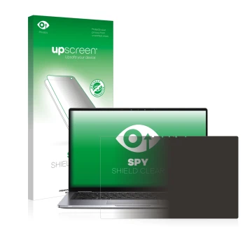 Parte frontal de un envase de producto con el logotipo de la marca upscreen. Al lado se muestra el dispositivo Dell Latitude 7