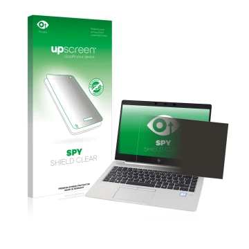 Parte frontal de un envase de producto con el logotipo de la marca upscreen. Al lado se muestra el dispositivo HP EliteBook 83