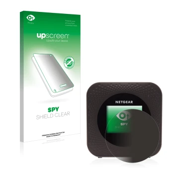 Parte frontal de un envase de producto con el logotipo de la marca upscreen. Al lado se muestra el dispositivo Netgear Nightha