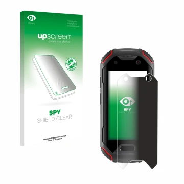 Parte frontal de un envase de producto con el logotipo de la marca upscreen. Al lado se muestra el dispositivo Unihertz Atom c