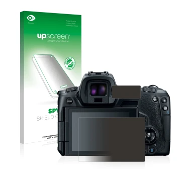 Parte frontal de un envase de producto con el logotipo de la marca upscreen. Al lado se muestra el dispositivo Canon EOS R con